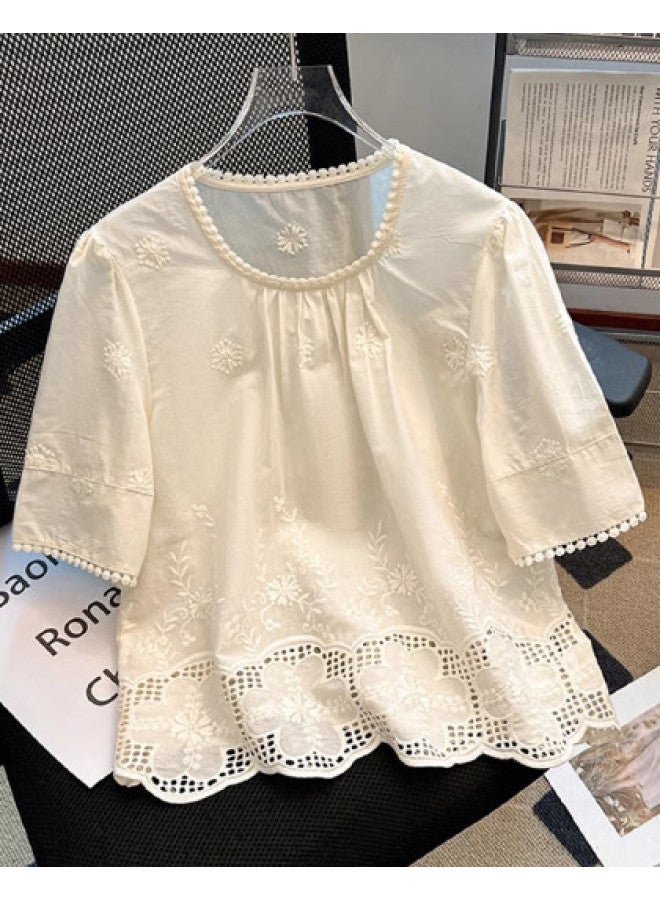 XINYANG french Round Neck Lace Blouse Women's 2025 Summer Embroidered Lace Shirt - Image 1