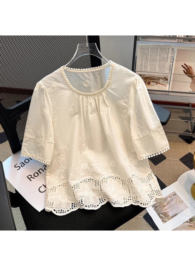 XINYANG french Round Neck Lace Blouse Women's 2025 Summer Embroidered Lace Shirt - Image 2