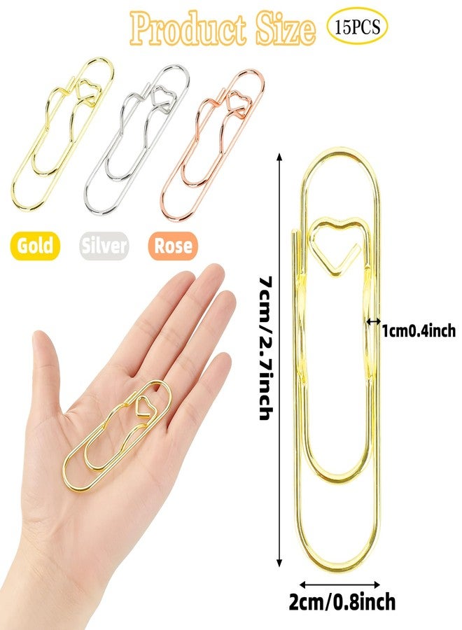 RHOttbiy 15 Pack Metal Pen Clips Portable Pen Holder Clip Paperclip Pen Holder for Notebook Heart Paper Clip Holder Multi-Purpose Pen Holder Clip for Notebook Journal Planner Accessories, Gold Silver Rose Gold - Image 3