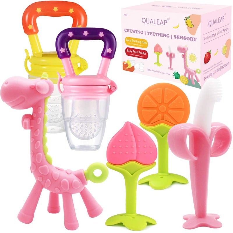 MedicalGrade Teething Toys for Babies 06 612 1218 Months with 4 Adorable Baby Teethers 2 Baby Fruit Feeders Soft Textures for Infant and Toddlers Pink
