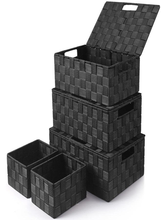 Uvellgift Storage Bins Baskets for Organizing with Lids, Storage Baskets for Shelves Stackable Woven Basket, Gift Small Basket Storage Cubes, Decorative Wicker Basket with Built-in Handles (5 Pack, Black) - Image 1