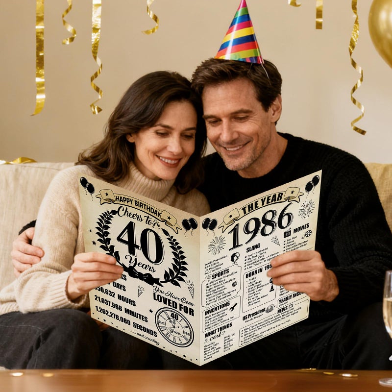Uiorgui Large 40th Birthday Cards for Men Women, Vintage 1986 Happy 40th Birthday Greeting Card with Envelope Jumbo Forty Guest Book Cheers to 40 Years Decorations Gifts Party Supplies - Image 5