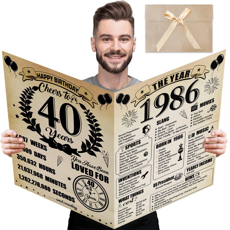 Uiorgui Large 40th Birthday Cards for Men Women, Vintage 1986 Happy 40th Birthday Greeting Card with Envelope Jumbo Forty Guest Book Cheers to 40 Years Decorations Gifts Party Supplies - Image 1