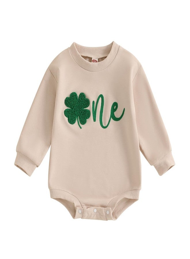Lukivech Baby Boy Girl 1st Birthday Outfit St Patricks Day Clover One Embroidery Oversized Sweatshirt Bubble Romper Bodysuit (Apricot, 12-18 Months) - Image 1