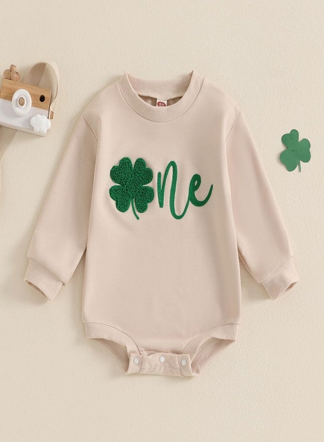 Lukivech Baby Boy Girl 1st Birthday Outfit St Patricks Day Clover One Embroidery Oversized Sweatshirt Bubble Romper Bodysuit (Apricot, 12-18 Months) - Image 2