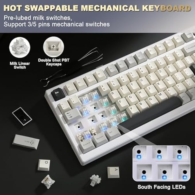 rayihni YZ98 GASKET MECHANICAL KEYBOARD,99 KEY HOT SWAPPABLE BT5.0/2.4G/USB-C WIRELESS NKRO 98% 1800 LAYOUT WITH RGB LED BACKLIT FOR LINUX/WIN/MAC (MILK SWITCH, WHITE) - Image 2