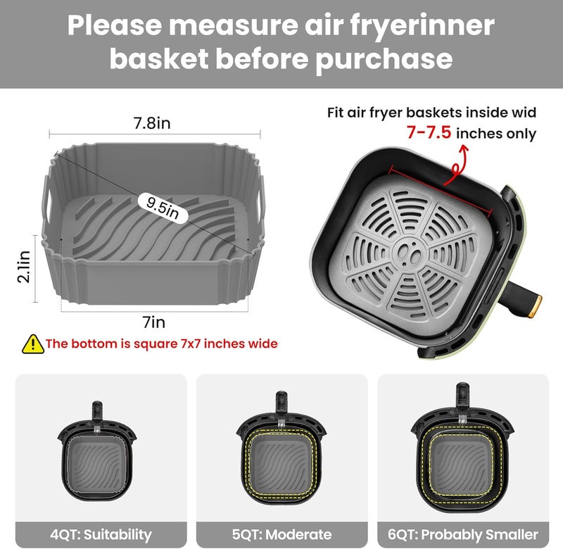 Redfly 2 Pack Silicone Air Fryer Liners, Square Reusable Non-Stick Basket Inserts for 4-5 QT Air Fryers, Dishwasher Safe Parchment Paper Replacement Accessories Gray & Black - Image 3