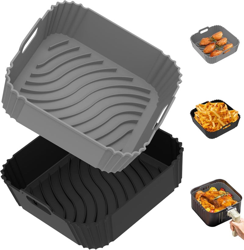 Redfly 2 Pack Silicone Air Fryer Liners, Square Reusable Non-Stick Basket Inserts for 4-5 QT Air Fryers, Dishwasher Safe Parchment Paper Replacement Accessories Gray & Black - Image 1