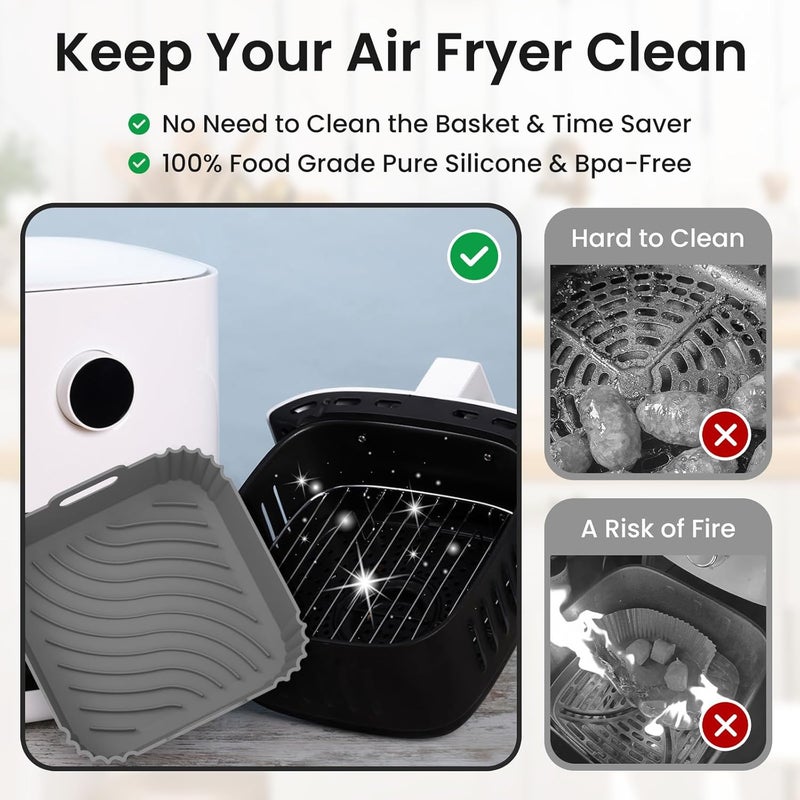 Redfly 2 Pack Silicone Air Fryer Liners, Square Reusable Non-Stick Basket Inserts for 4-5 QT Air Fryers, Dishwasher Safe Parchment Paper Replacement Accessories Gray & Black - Image 4