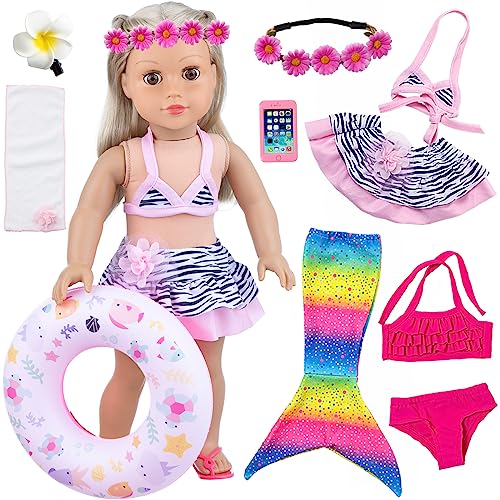 UNICORN ELEMENT 11Pcs 18 Inch Girl Doll Clothes and Accessories Set Including Colorful Mermaid SwimsuitsMobile PhoneHairpinSwimming Circle - Image 1