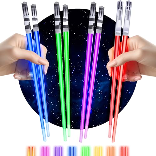 Lightsaber Chopsticks Light Up Star War Chopsticks Light Up Mini Lightsaber Fun Chop Cool Chopstick Light Saber Chopstick Led Chop sticks 4 PAIRS Blue Red Green Purple Groove Tips