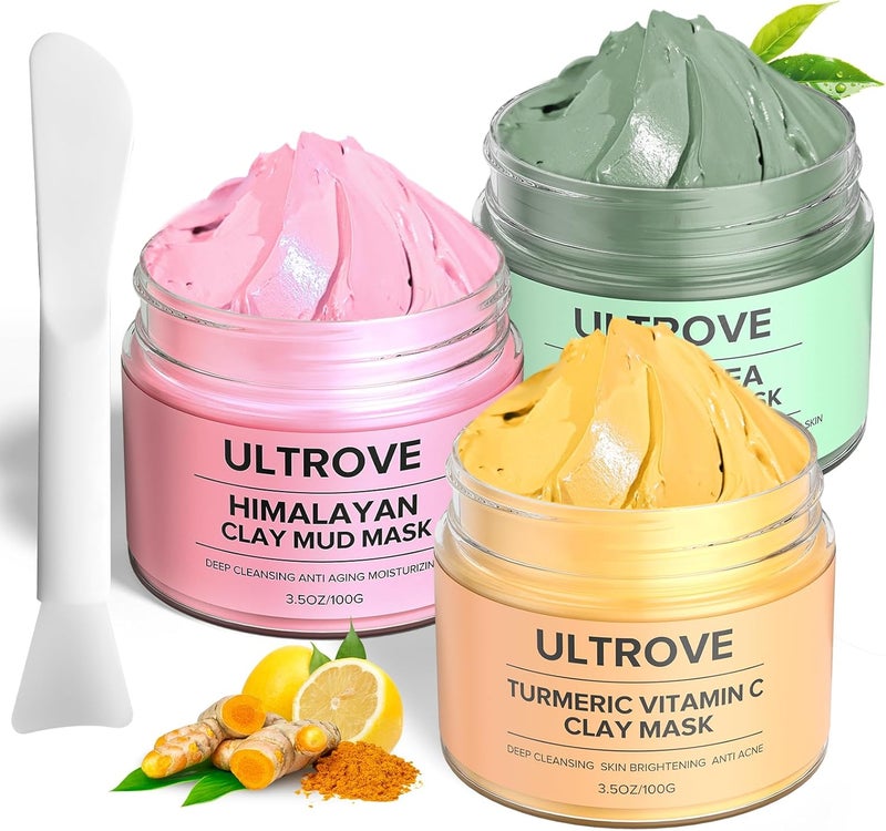 3in1 Clay Mask Set for Face Green Tea Turmeric Vitamin C Himalayan Pink Clay Deep Cleansing Pore Refining Moisturizing Facial Mask Kit 35oz Each Silicone Brush