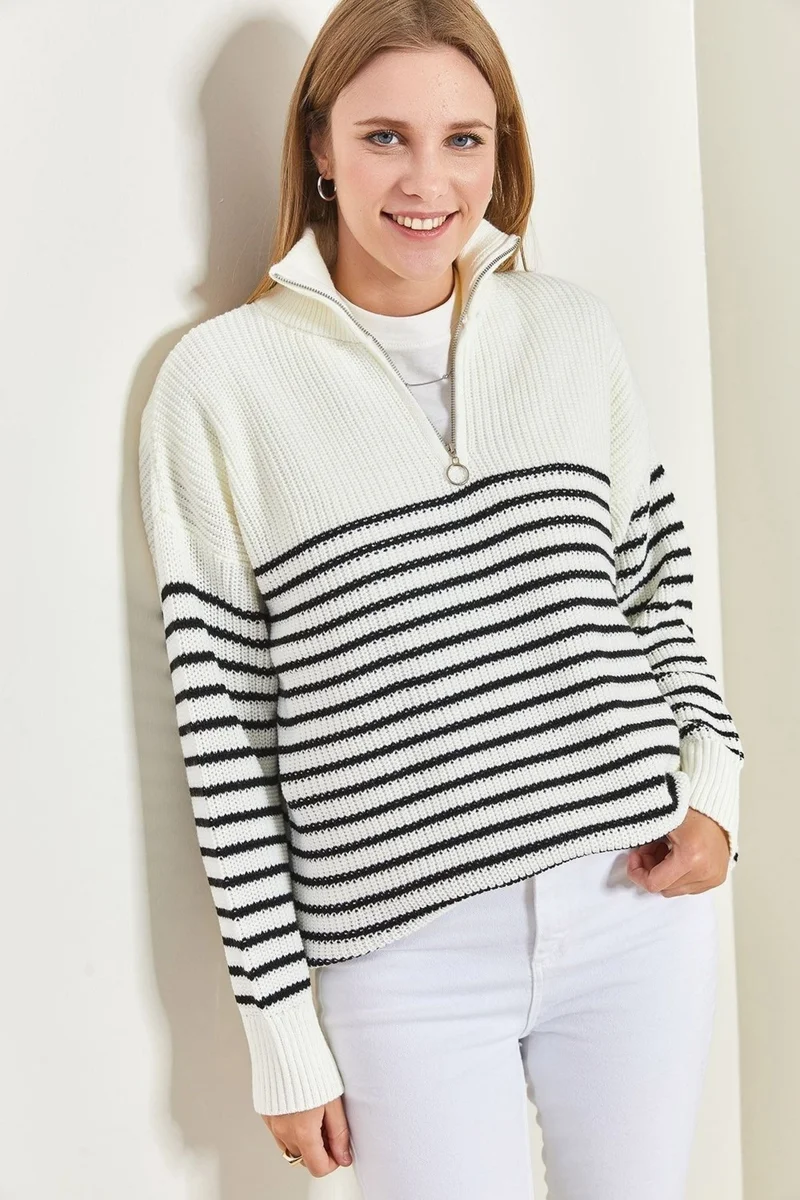 Cloudy Kids Women's Turtleneck Zippered Striped Knitwear Sweater