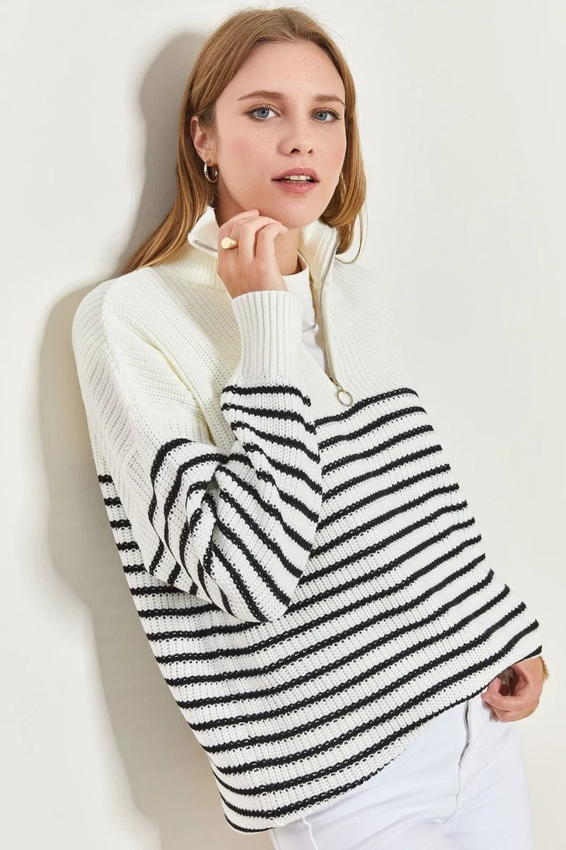 Cloudy Kids Women's Turtleneck Zippered Striped Knitwear Sweater