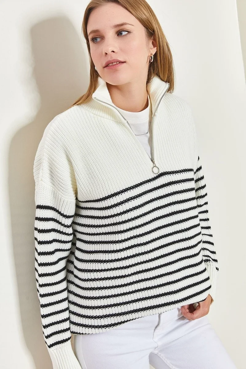 Cloudy Kids Women's Turtleneck Zippered Striped Knitwear Sweater