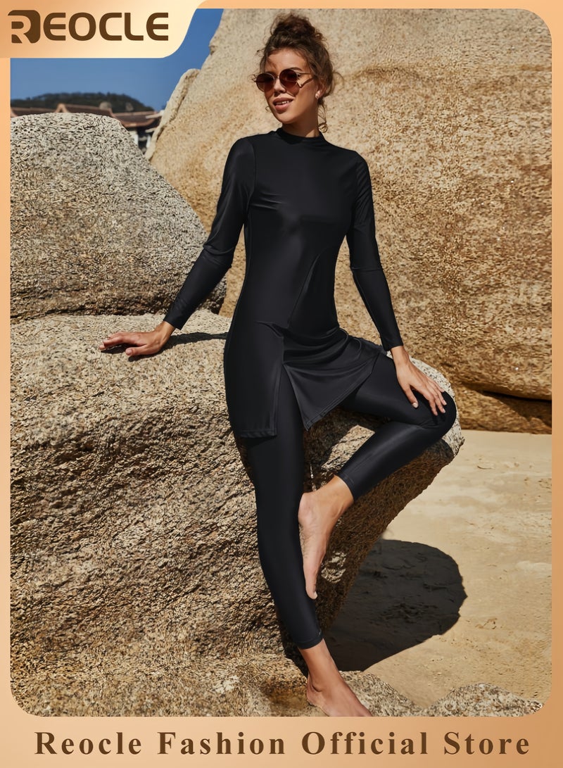 REOCLE Muslim Swimsuit for Women Rash Guard Set 2 Pieces Long Sleeve Modest Swimwear with Swim Cap Surfing Bathing Suit - Image 1