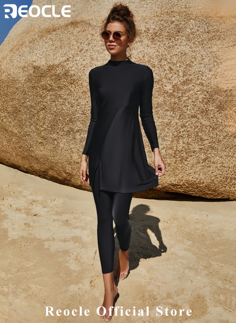 REOCLE Muslim Swimsuit for Women Rash Guard Set 2 Pieces Long Sleeve Modest Swimwear with Swim Cap Surfing Bathing Suit - Image 3