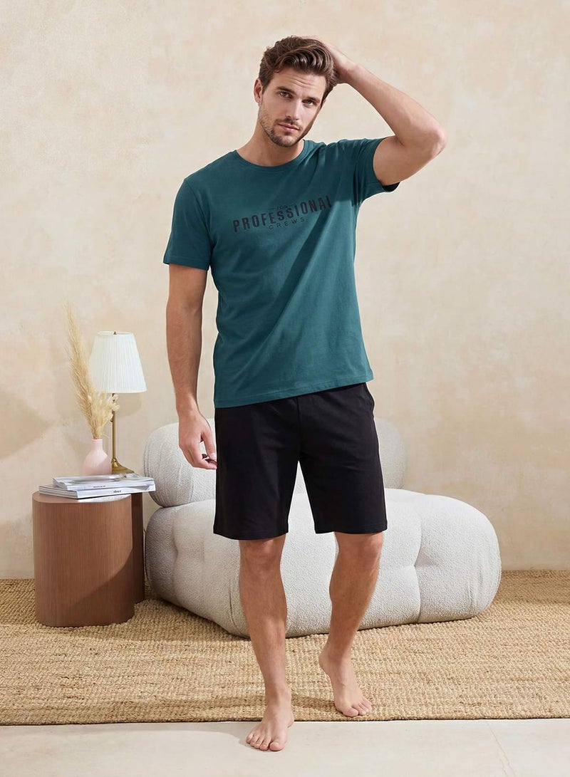 trendyol Green Regular Fit Printed 100% Cotton Summer Pajama Set Tmnss26Pt00038 - Image 1