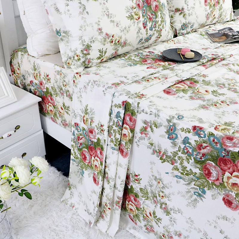 FADFAY Sheet Set Cal King Vintage Rose 100 Cotton Hypoallergenic White and Grey Deep Pocket Fitted Sheet 4Pieces Cal King