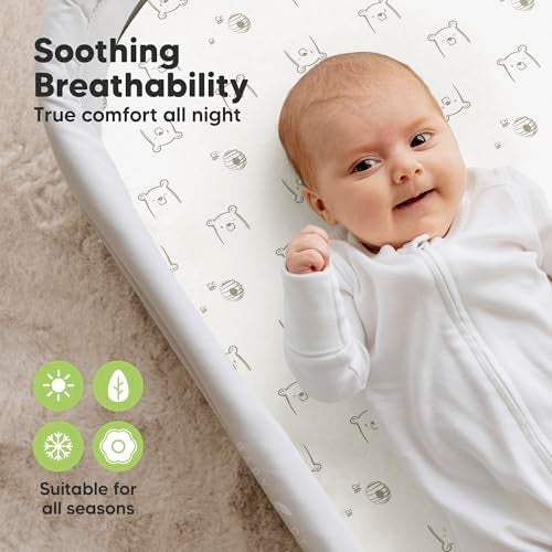 KeaBabies 2-Pack Organic Bassinet Sheets for Girls, Boys - 100% Cotton Bassinet Mattress Sheets Compatible with Halo Bassinest Swivel Sleeper, Graco, Baby Delight, Chicco, Fitted Bassinet Sheets (Bumble Bear) - Image 4