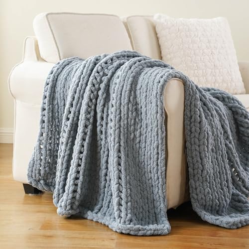 Battilo Chunky Knit Throw Blanket for Couch, Soft and Thick Chenille Throw Blanket, 50"x60" Handmade Cable Knit Crochet Blanket, Bluish Grey Knot Knitted Throw Blankets for Home Decor, Bluish Grey - Image 1