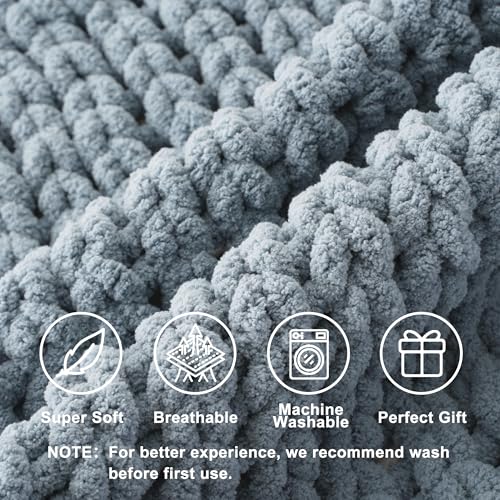 Battilo Chunky Knit Throw Blanket for Couch, Soft and Thick Chenille Throw Blanket, 50"x60" Handmade Cable Knit Crochet Blanket, Bluish Grey Knot Knitted Throw Blankets for Home Decor, Bluish Grey - Image 3