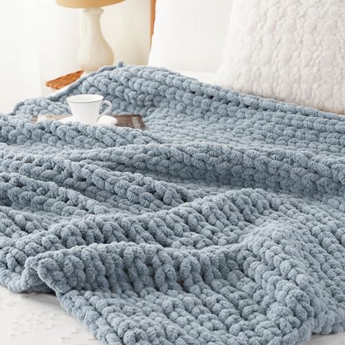 Battilo Chunky Knit Throw Blanket for Couch, Soft and Thick Chenille Throw Blanket, 50"x60" Handmade Cable Knit Crochet Blanket, Bluish Grey Knot Knitted Throw Blankets for Home Decor, Bluish Grey - Image 5