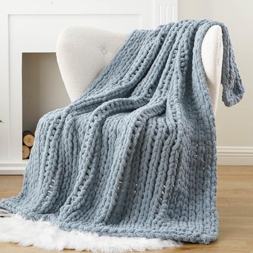 Battilo Chunky Knit Throw Blanket for Couch, Soft and Thick Chenille Throw Blanket, 50"x60" Handmade Cable Knit Crochet Blanket, Bluish Grey Knot Knitted Throw Blankets for Home Decor, Bluish Grey - Image 2