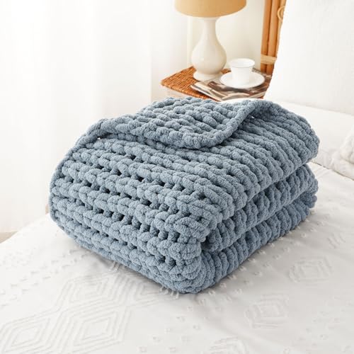 Battilo Chunky Knit Throw Blanket for Couch, Soft and Thick Chenille Throw Blanket, 50"x60" Handmade Cable Knit Crochet Blanket, Bluish Grey Knot Knitted Throw Blankets for Home Decor, Bluish Grey - Image 4