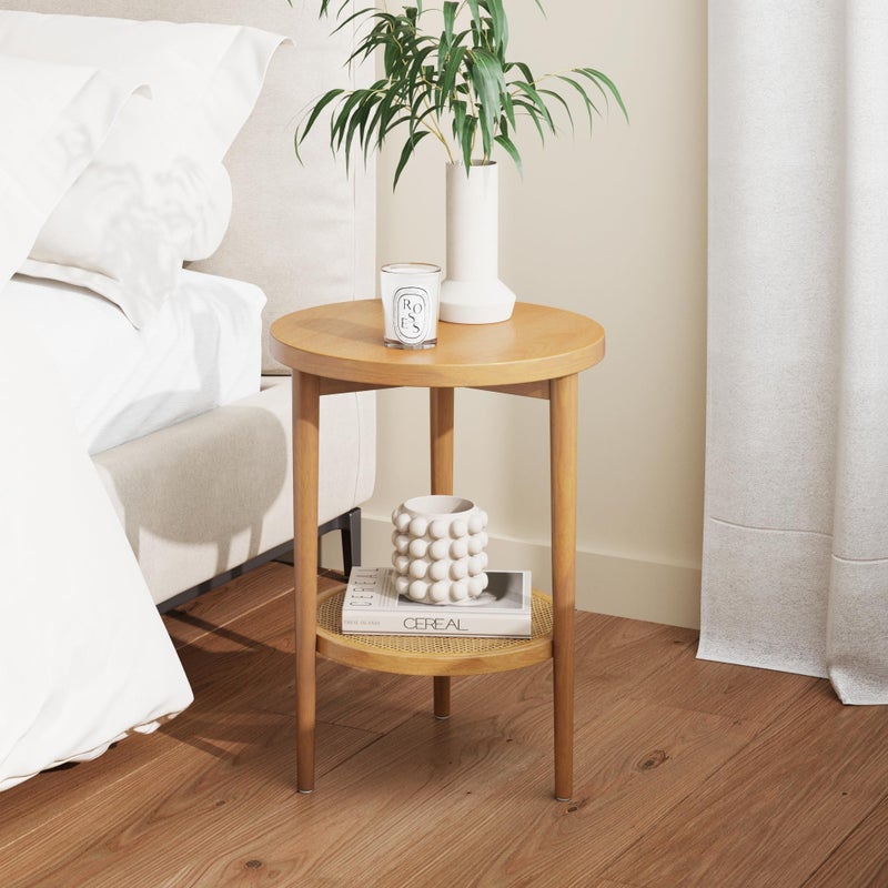 Nathan James Sonia Boho Round Accent End Table Natural Sofa Side Table in Light Wood with Rattan Storage Shelf for Living Room Bedroom or Nursery Light Brown