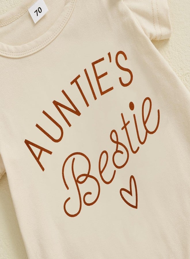 SAYOO Aunties Bestie Baby Girl Clothes Aunt Saying Letter Embroidery Ruffle Romper Leopard Pant Headband 3Pcs Summer Outfit (Khaki, 0-3 Months) - Image 4