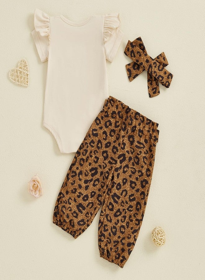 SAYOO Aunties Bestie Baby Girl Clothes Aunt Saying Letter Embroidery Ruffle Romper Leopard Pant Headband 3Pcs Summer Outfit (Khaki, 0-3 Months) - Image 3