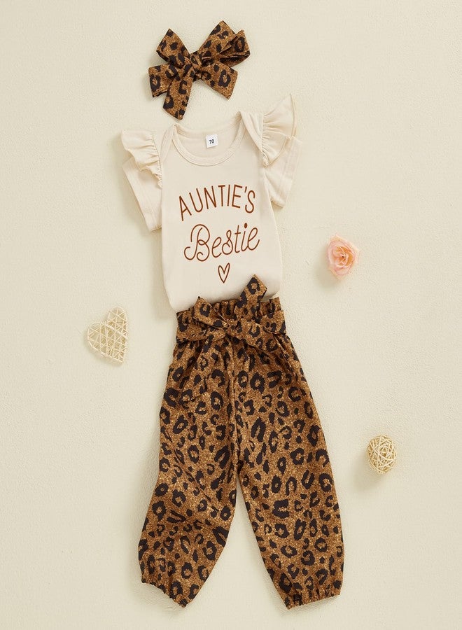 SAYOO Aunties Bestie Baby Girl Clothes Aunt Saying Letter Embroidery Ruffle Romper Leopard Pant Headband 3Pcs Summer Outfit (Khaki, 0-3 Months) - Image 2