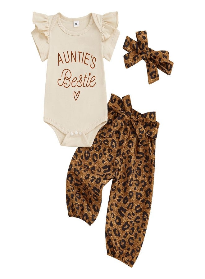 SAYOO Aunties Bestie Baby Girl Clothes Aunt Saying Letter Embroidery Ruffle Romper Leopard Pant Headband 3Pcs Summer Outfit (Khaki, 0-3 Months) - Image 1