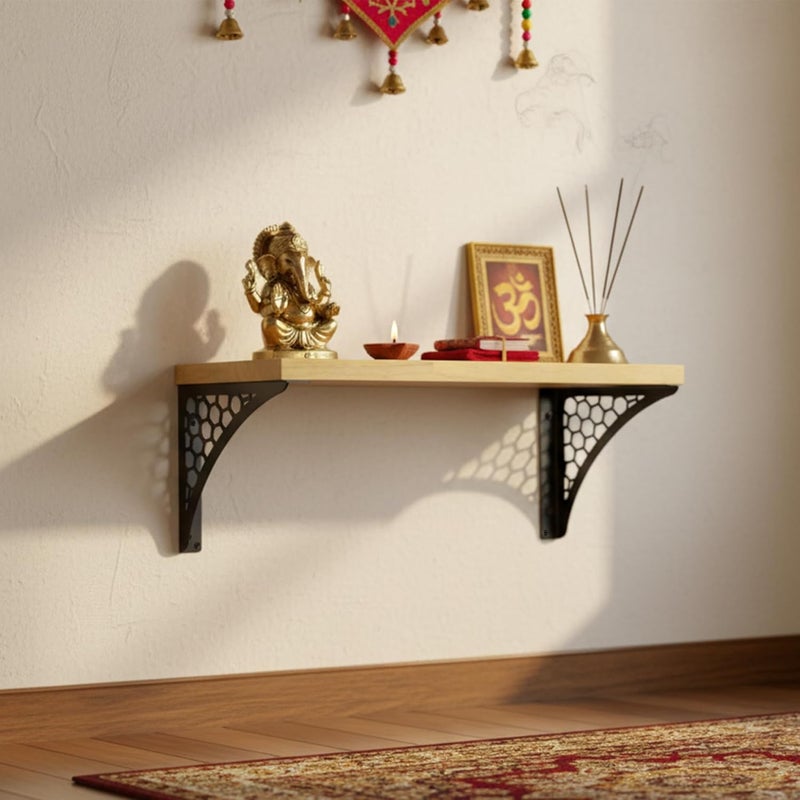 Spillbox Wooden Pooja Home Temple|White Metal Shelf |Wall Mountable|Easy Screw Assembly|Home Temple for Puja Room |Pooja Stand | Mandir-Hexagon (Small Black) - Image 1