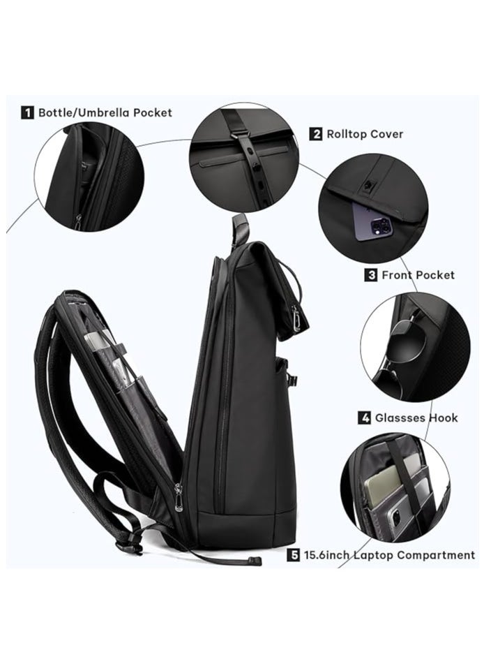 BANGE - Travel Backpack,Smart Business Backpacks, Mens Fashion Rolltop Backpack Fits for 15.6 Inch Laptop, Black, Medium, Style - Image 1