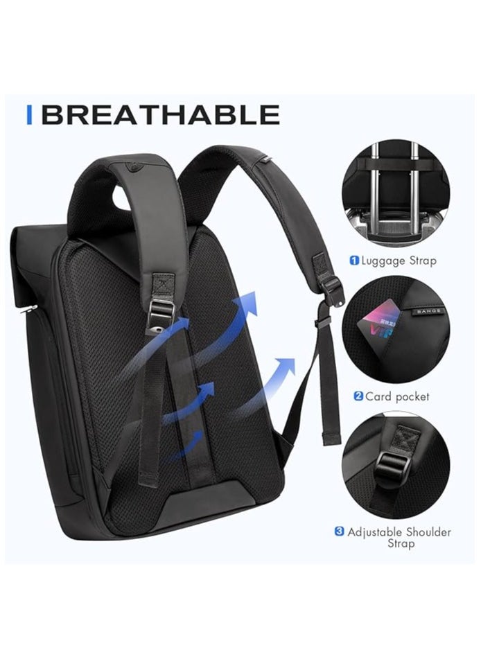 BANGE - Travel Backpack,Smart Business Backpacks, Mens Fashion Rolltop Backpack Fits for 15.6 Inch Laptop, Black, Medium, Style - Image 1