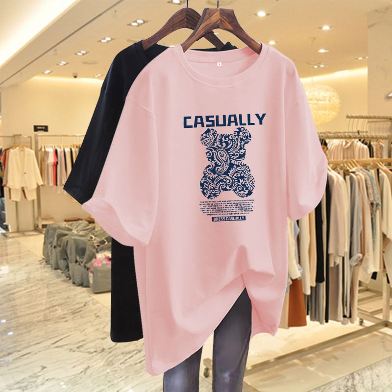 Summer 2023 New Style Bear Mid-Length Korean Style Loose Plus Size Casual White Short-Sleeved T-Shirt Women'S All-Match Top Ins - Image 1