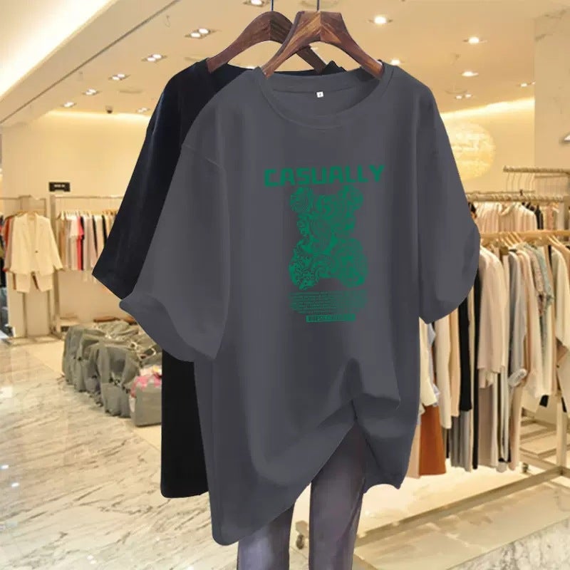 Summer 2023 New Style Bear Mid-Length Korean Style Loose Plus Size Casual White Short-Sleeved T-Shirt Women'S All-Match Top Ins - Image 3