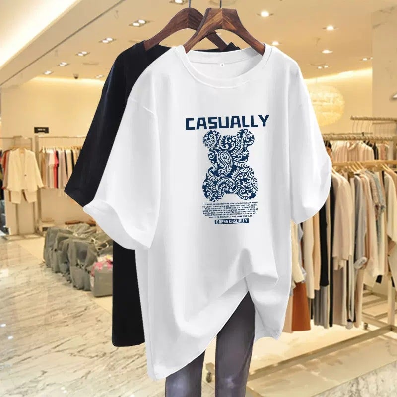 Summer 2023 New Style Bear Mid-Length Korean Style Loose Plus Size Casual White Short-Sleeved T-Shirt Women'S All-Match Top Ins - Image 2