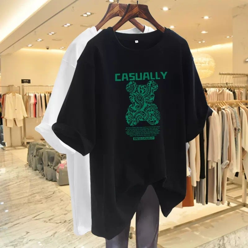 Summer 2023 New Style Bear Mid-Length Korean Style Loose Plus Size Casual White Short-Sleeved T-Shirt Women'S All-Match Top Ins - Image 4