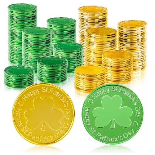 OHOME Gold Coins St Patricks Day 120 Pieces Shamrock Plastic Coins Green and Gold St patricks Day Accessories for St Patricks Day Decorations Birthday Crafts Party Favors Decor - Image 1