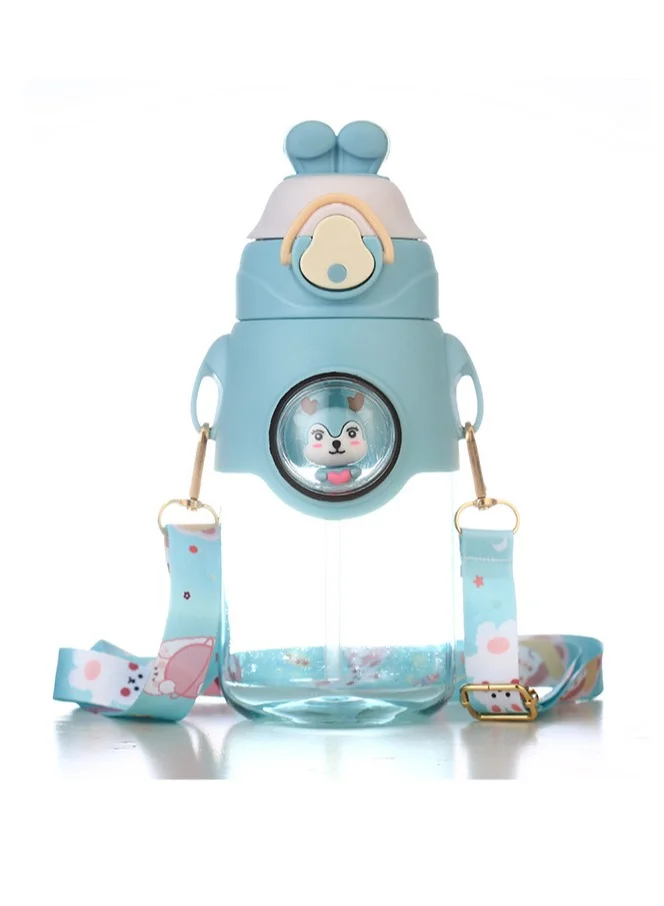 Mobcos Cute Rabbit Cartoon Kids Water Bottle with Straw and Adjustable Strap Food Grade Tritan One-Click Open Portable Leak Proof Insulated BPA Free For Kids Girls School Travel 750Ml (Blue)