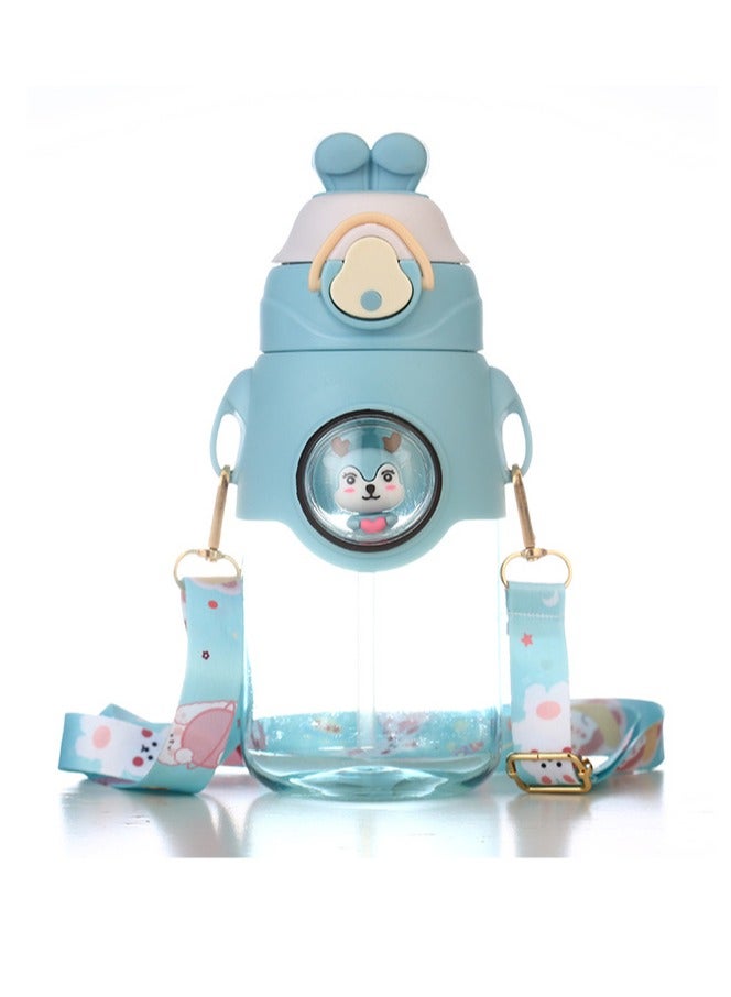 موبكوس زجاجة ماء كرتونية لطيفة للأطفال على شكل أرنب مع قشة وحزام قابل للتعديل، مادة التريتان الآمنة غذائيًا، فتح بزر واحد، محمولة، مانعة للتسرب، معزولة، خالية من البيسفينول، للأطفال والفتيات، للمدرسة والسفر،  مل أزرق - Image 1