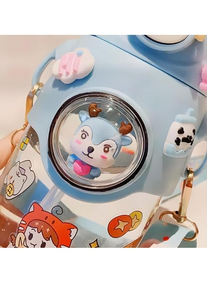 موبكوس زجاجة ماء كرتونية لطيفة للأطفال على شكل أرنب مع قشة وحزام قابل للتعديل، مادة التريتان الآمنة غذائيًا، فتح بزر واحد، محمولة، مانعة للتسرب، معزولة، خالية من البيسفينول، للأطفال والفتيات، للمدرسة والسفر،  مل أزرق - Image 2