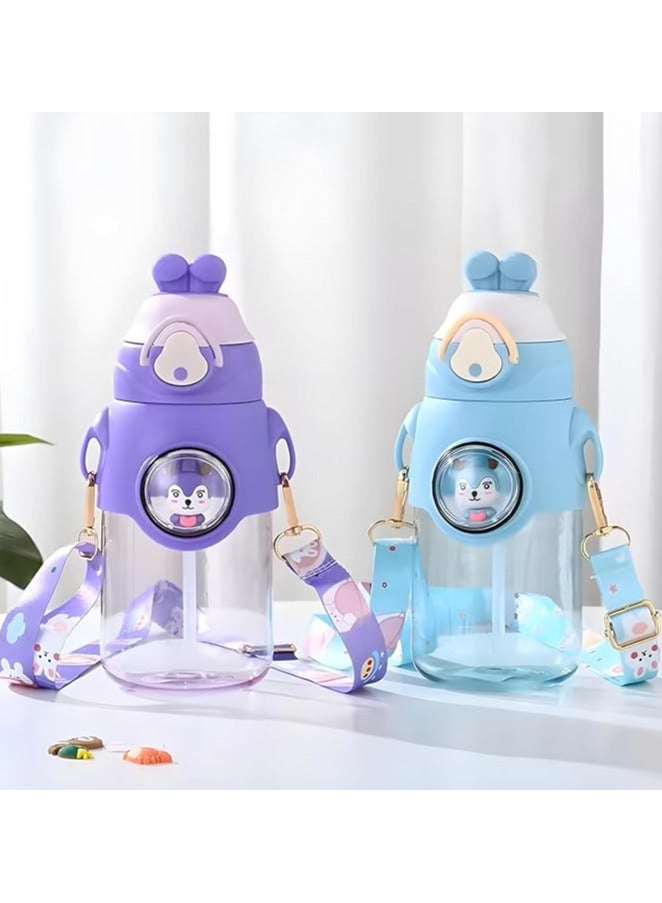 موبكوس زجاجة ماء كرتونية لطيفة للأطفال على شكل أرنب مع قشة وحزام قابل للتعديل، مادة التريتان الآمنة غذائيًا، فتح بزر واحد، محمولة، مانعة للتسرب، معزولة، خالية من البيسفينول، للأطفال والفتيات، للمدرسة والسفر،  مل أزرق - Image 4