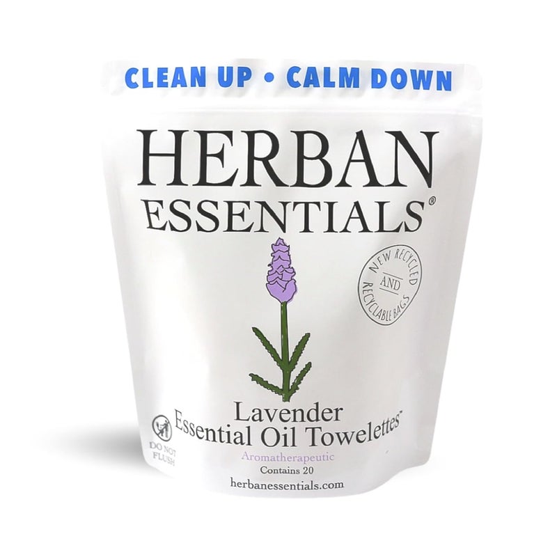 Herban Essentials Lavender Towelettes  Essential Oil Wipes for Hands Face  Body  Natural Moist Wipes Individually Wrapped  20 Count