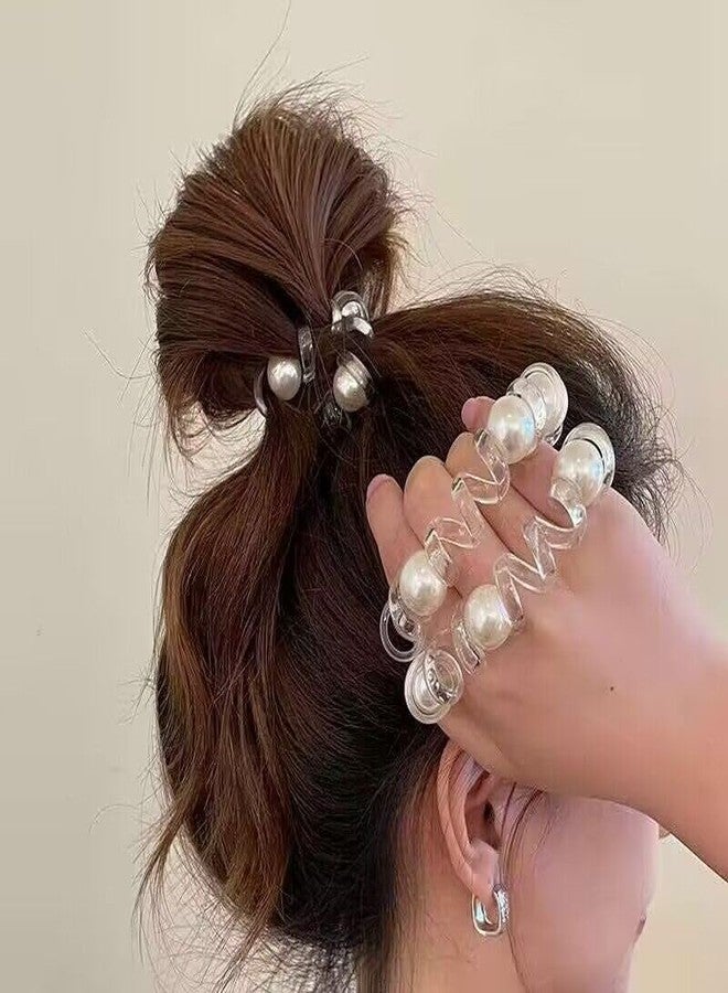 DORMITORRY Pearl Transparent Telephone Line Hair Bands, Fashionable Beaded Rubber Band Ponytail Hair Rope Leather Cover Hair Rope For Women, Elastic Ponytail Bracelet, 2 Pcs - Multi Design. - Image 2