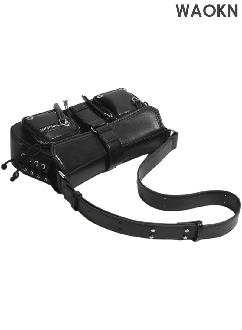 دبليو أيه أو كي أن حقيبة كتف نسائية من جلد البولي يوريثان - حقيبة كروس بودي أنيقة بتصميم عصري مستوحى من ثقافة الألفية الجديدة، وجيوب متعددة | حقيبة يد هوبو صغيرة بتفاصيل سلسلة معدنية عتيقة، حقيبة كلاتش أنيقة بتصميم غوطي للحفلات الموسيقية والسهرات والاستخدام اليومي (أسود) - Image 3