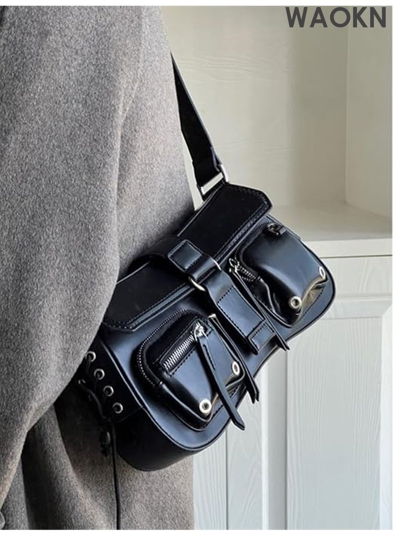 دبليو أيه أو كي أن حقيبة كتف نسائية من جلد البولي يوريثان - حقيبة كروس بودي أنيقة بتصميم عصري مستوحى من ثقافة الألفية الجديدة، وجيوب متعددة | حقيبة يد هوبو صغيرة بتفاصيل سلسلة معدنية عتيقة، حقيبة كلاتش أنيقة بتصميم غوطي للحفلات الموسيقية والسهرات والاستخدام اليومي (أسود) - Image 4
